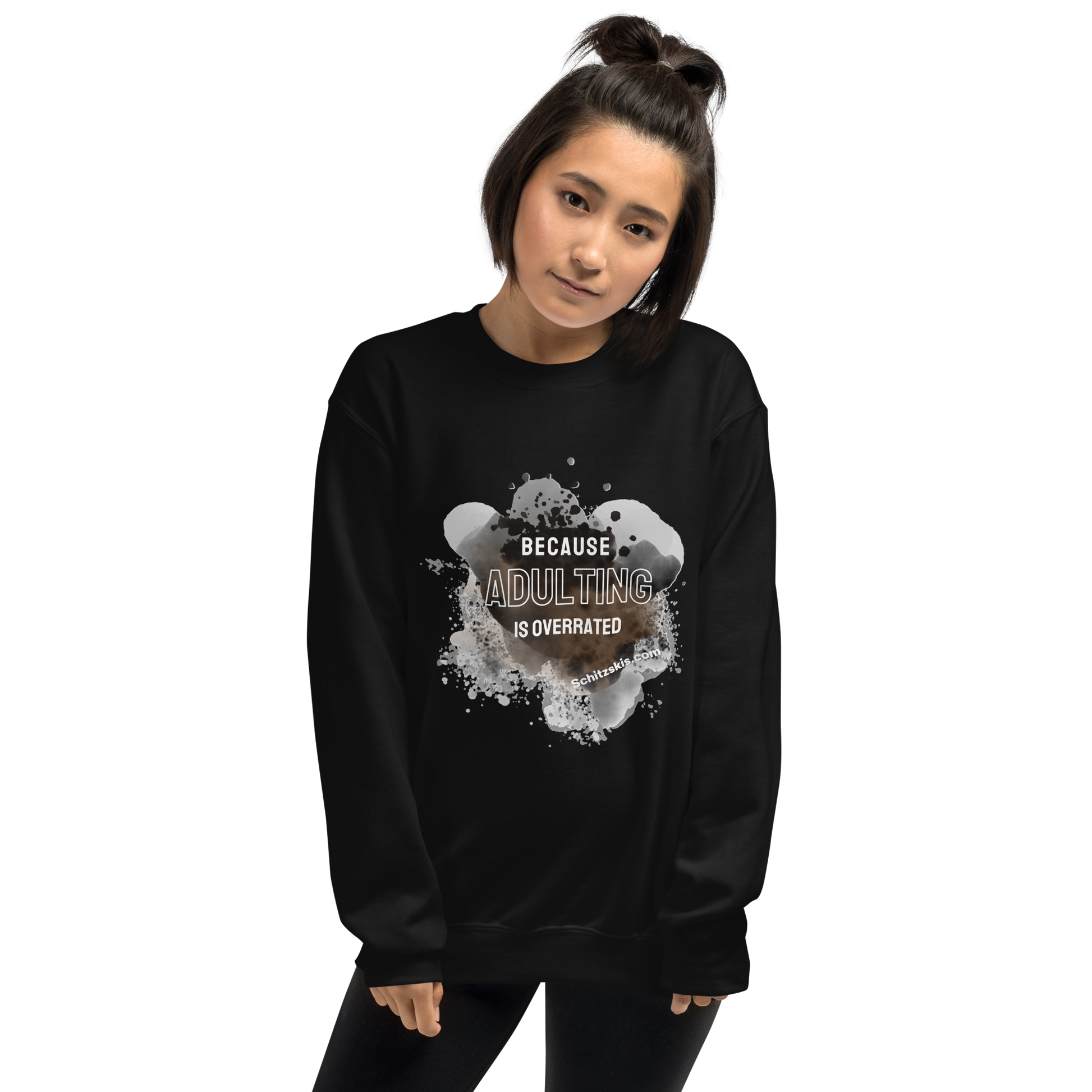 Adulting is Overrated Unisex Sweatshirt in Black color  front view on female model
