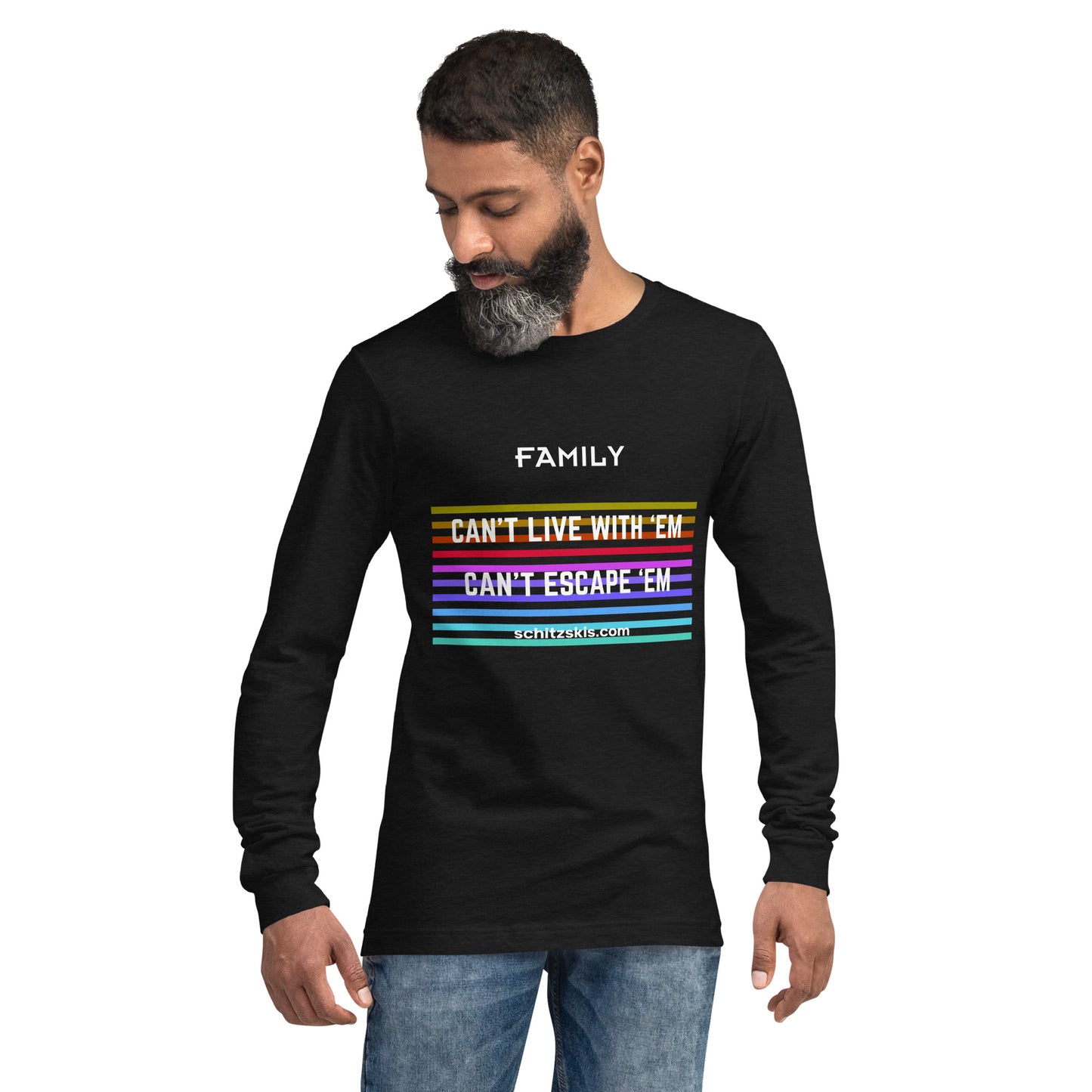 Can't Live with 'Em Unisex Long Sleeve Tee in Black color front view on male model