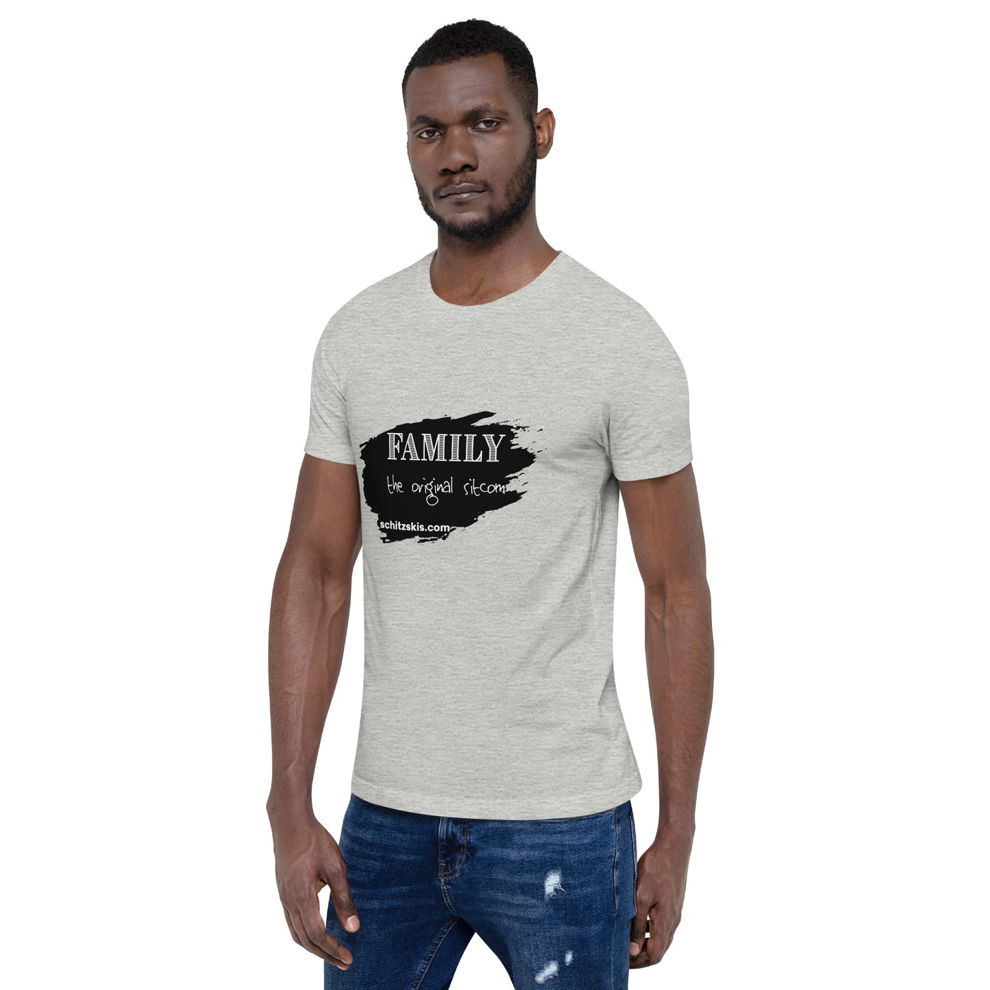 Sitcom Unisex t-shirt in heather gray 3/4 view on male model